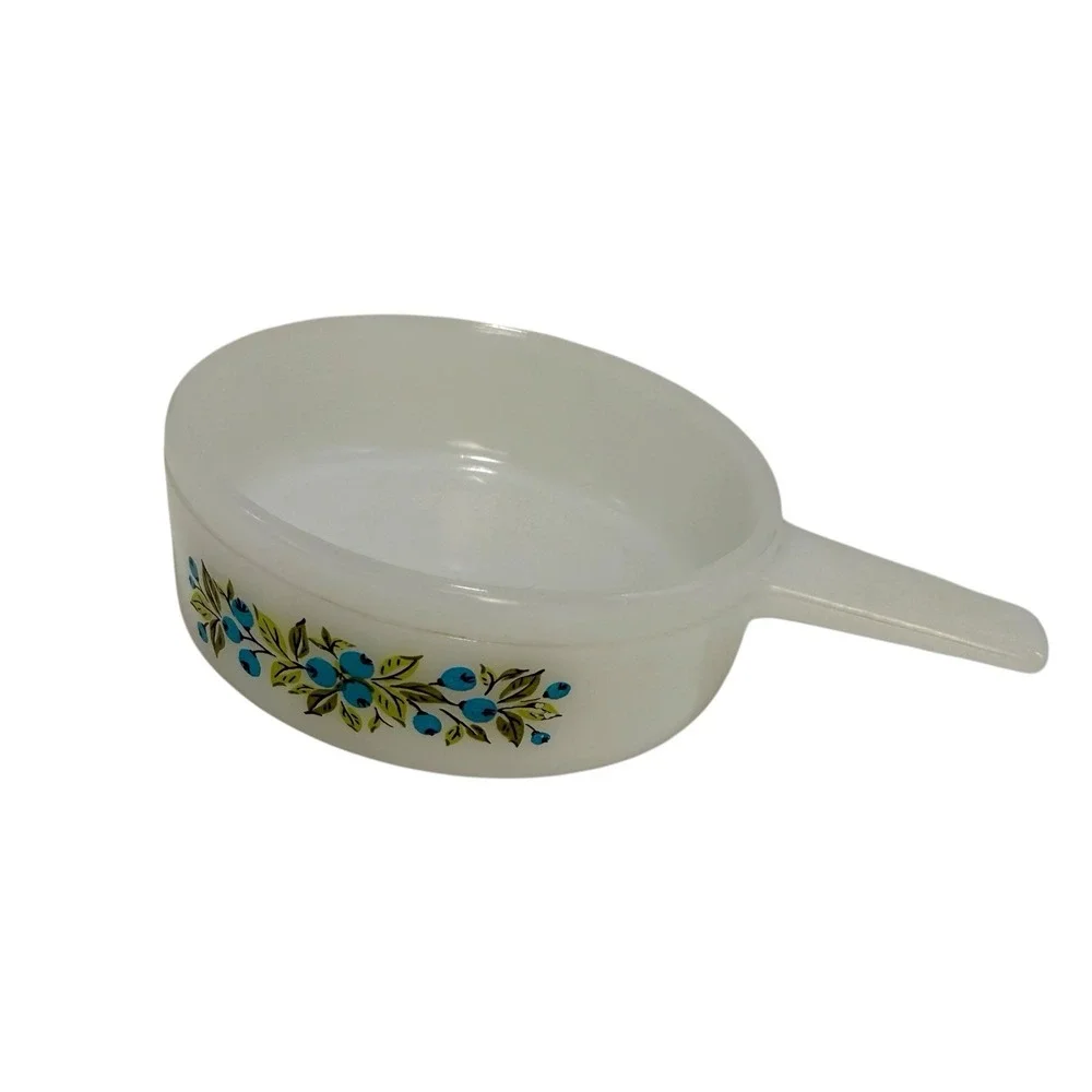 3 Jeannette Glasbake 14oz. Blueberry Pattern J-2639 Soup Bowl Handle Milk Glass